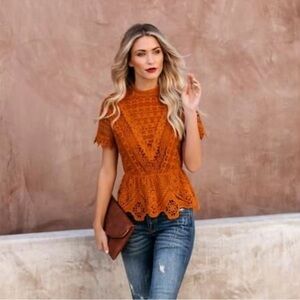 Chic Lace Peplum Blouse in Orange